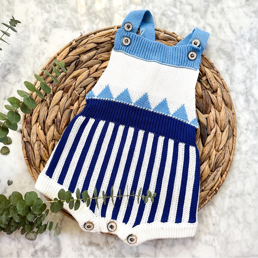Boutique Boys Blue & White Knit Pinafore Romper